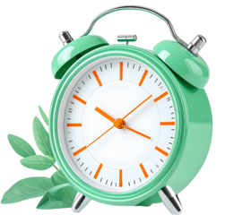 Illustration of retro green alarm clock with leaves, isolated on white or transparent background