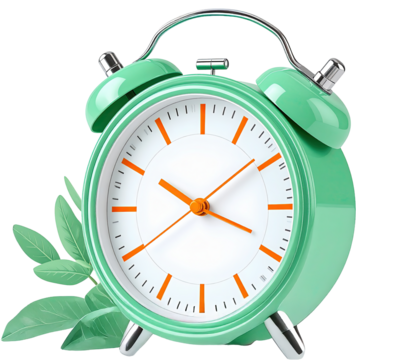 Illustration of retro green alarm clock with leaves, isolated on white or transparent background - Powered by Adobe
