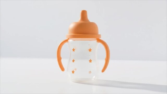 Clear baby sippy cup with orange lid and handles on white background  