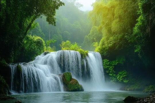 Fototapeta Majestic waterfall cascading in lush jungle forest with serene river stream, waterfall in forest jungle with stream river Photo background ing for live wallpaper