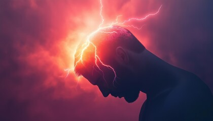 Dramatic Sky: Lightning And Sun Against Man'S Silhouette. The Battle Between Good And Evil, Or The Medicine Theme Of Migraine And Headache Pain. Health And Pain.