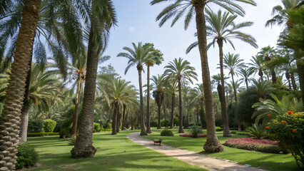 palm trees in the garden,Tropical Pathway Surrounded by Lush Palm Trees