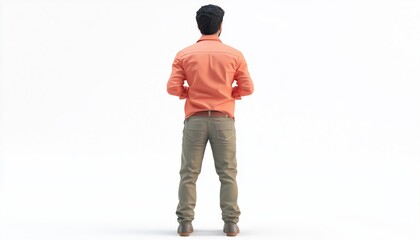 Indian Man Gazing Into The Distance From Behind On A White Background In Full-Length Image.