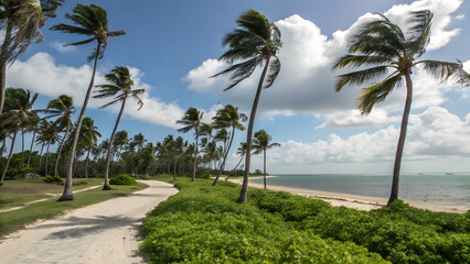 Naklejka premium palm tree on the beach,Scenic Coastal Pathway Lined with Palm Trees and Ocean View
