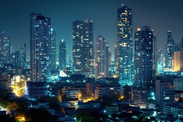 Obraz premium Illuminated modern skyscrapers in Bangkok create a vibrant cityscape at night, Modern skyscrapers of Bangkok at night cityscape panorama High buildings in beautiful Asian city