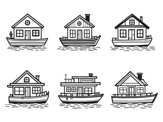 Minimalist Houseboat Outline Drawing