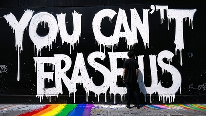 Street art piece featuring a dark urban background with rainbow graffiti, LGBTQ+ pride symbols, and a loud, proud message of defiance and belonging: “YOU CAN’T ERASE US.”