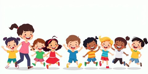 Fototapeta premium Smiling cartoon children of diverse ethnicities playing, running, and laughing in a flat design style, joyful, vector illustration