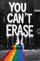 A moving urban art illustration showing graffiti rainbows and pride icons against a dark city wall, sending a message of love, identity, and resilience through the phrase: “YOU CAN’T ERASE”