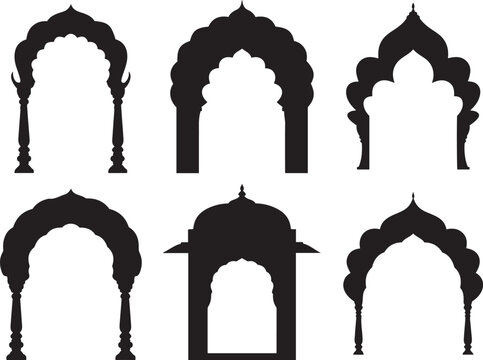  Six diverse Indian architectural arches and frames, traditional patterns and temple gate silhouettes