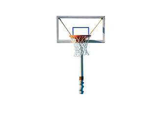 A basketball hoop with a white backboard and net isolated against a black background in a studio shot