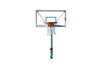 A basketball hoop with a white backboard and net isolated against a black background in a studio shot
