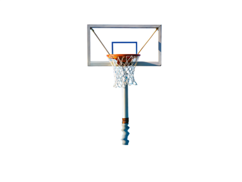 A basketball hoop with a white backboard and net isolated against a black background in a studio shot