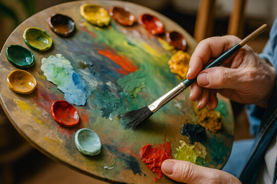 Close-up of artist's hand holding a paintbrush over a colorful palette with mixed oil paints, showcasing creativity, craftsmanship, and artistic process in studio environment - Powered by Adobe