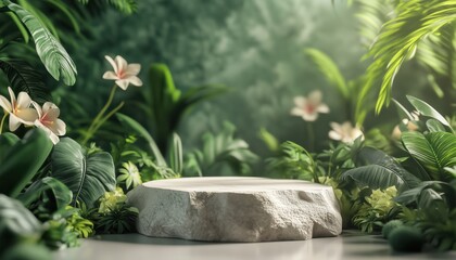 Stunning Product Presentation On A Rock Podium In A Luxurious Tropical Forest Surrounded By Vibrant Green Backdrop And Flowers.