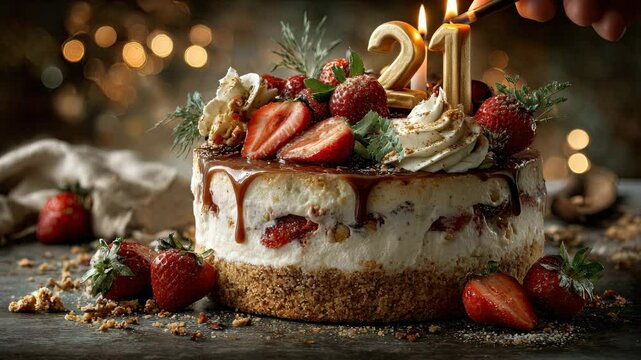 A delicious strawberry cheesecake with birthday candles and festive decorations.