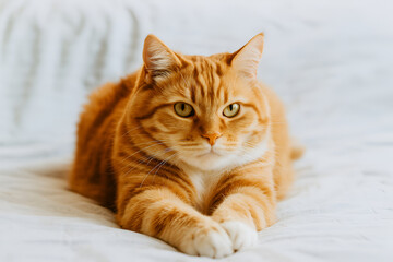 Fototapeta premium Portrait of a Beautiful Orange Tabby Cat with Golden Eyes Resting on a White Bed in Natural Daylight Indoors Looking Calm and Relaxed