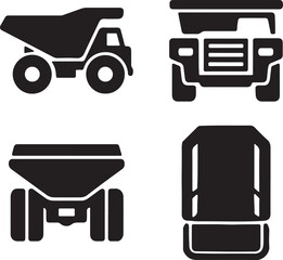 mining truck silhouette icons set side, front, back, and top views vector art illustration