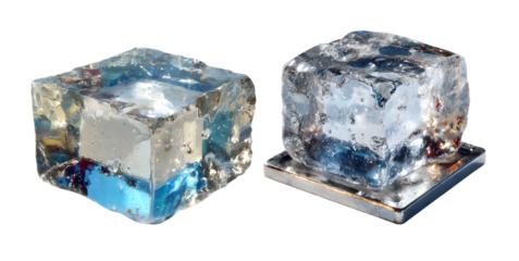 Two luminous glass cubes, one with vibrant blue hues, isolated on transparent background