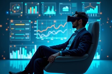 Businessman in Virtual Reality Glasses Surrounded by Holographic Analytics Data