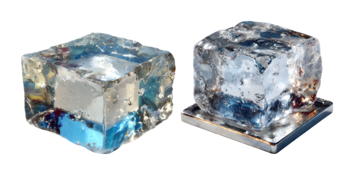 Two luminous glass cubes, one with vibrant blue hues, isolated on transparent background