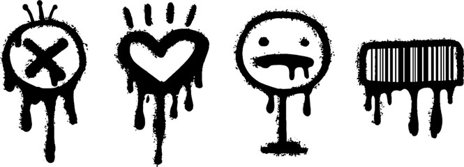 Naklejka premium Grunge graffiti set: tv antenna, heart, face, and barcode for urban art and design