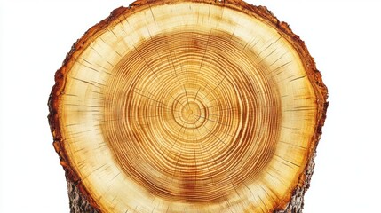 Cut tree trunk with age rings visible on the light wood against a white backdrop