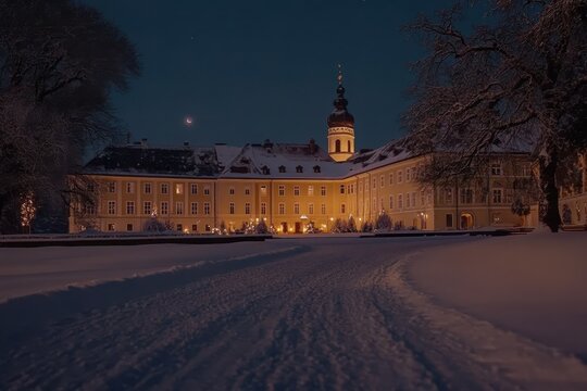 Winter night time lapse captures the beauty of Schloss Bruchsal illuminated under the stars, Night timelapse of Schloss Bruchsal