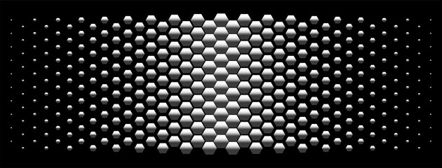Halftone hexagons background. Honeycomb. Monochrome. Black and white effects in 3D.