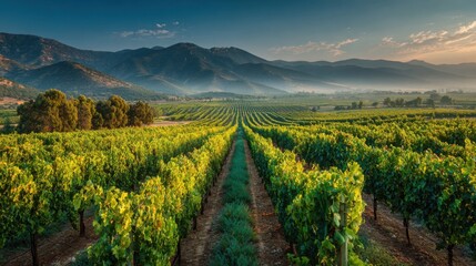 Naklejka premium Rows of green grapevines stretch across a vast vineyard at dawn. The sun rises over distant mountains, casting a warm glow over the tranquil landscape. Mist lingers in the valleys.