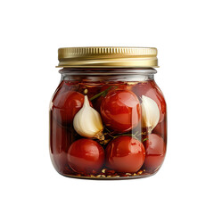 Jar of Marinated Cherry Tomatoes with Garlic and Herbs in Olive Oil on transparent background