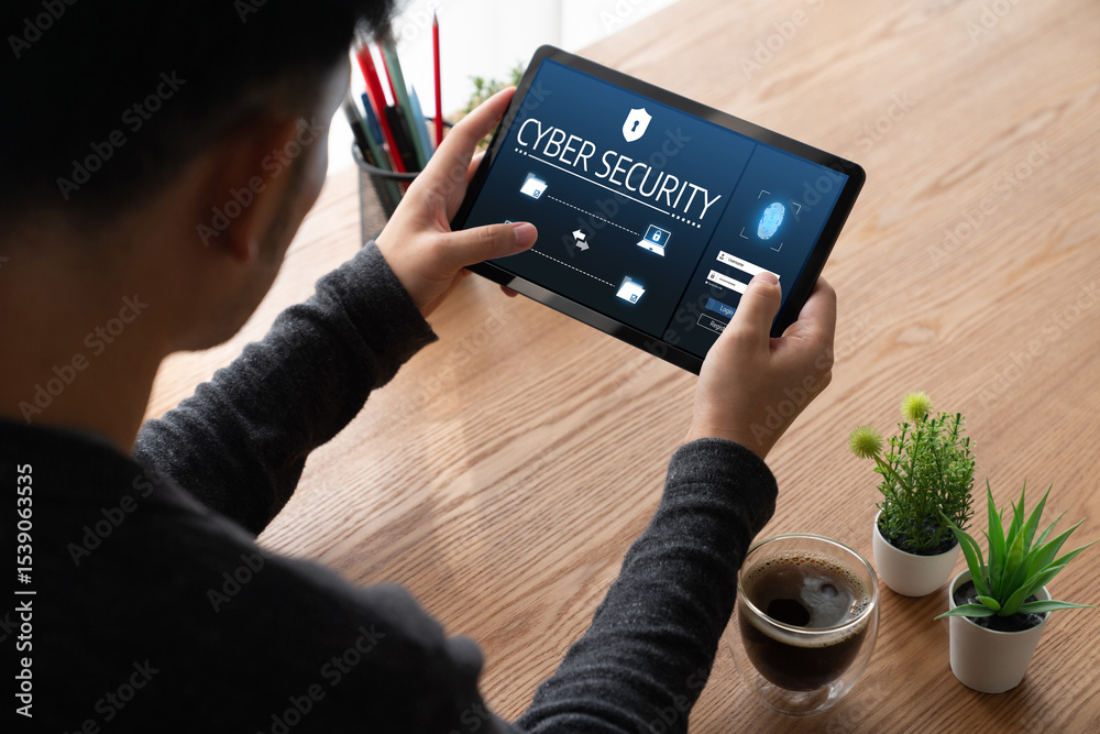 Poster cyber security system on computer screen protect private information snugly from hacker and cyber at