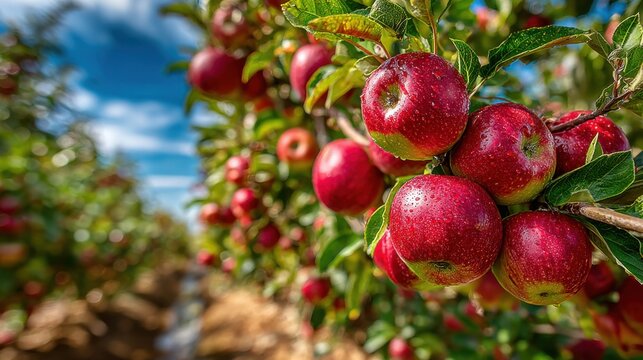 Rows of apple trees are laden with shiny red apples glistening with dew under a bright blue sky. The orchard is ready for picking during the harvest season.