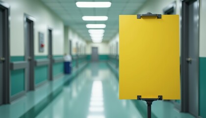 Yellow mock-up safety sign stand in the hall of hospital or clinic. Information or warning signboard. Precaution concept, copy space