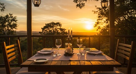 Romantic Candlelit Dinner Table Setting at Sunset