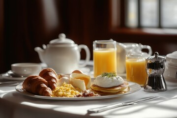 Delicious breakfast spread featuring coffee, orange juice, and scrambled eggs served in a cozy setting, Breakfast served with coffee, orange juice, croissants, cereals, scrambled eggs and pancakes
