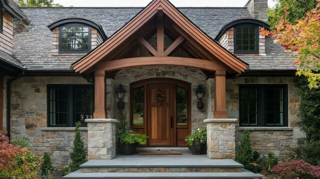 Georgian-style cottage entrance with wooden door, stone cladding, gabled porch, and landing