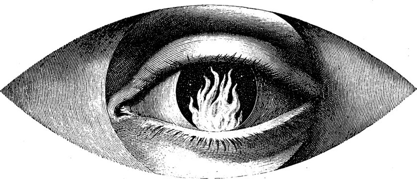 Surreal visionary art: burning eye with ancient mirror concept