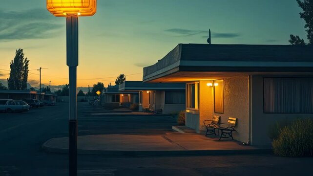 Low-budget roadside motel from the 1970s lit by dim yellow lamp in evening light