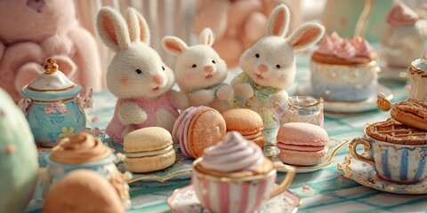 Enchanted Easter Tea Party Pastel Bunnies and Delicate Treats