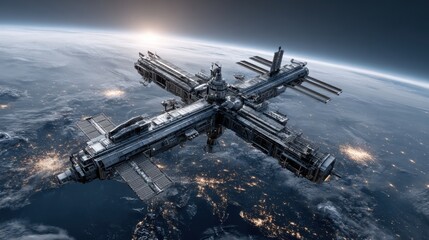 A futuristic space station floats above Earth with a detailed structure, illuminated by the first light of dawn. The planet below reveals glowing cities, enhancing the beauty of the view.