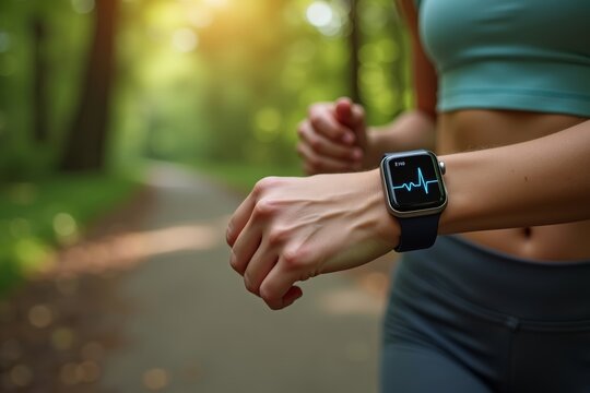 A woman running in a lush forest with a close-up of her hand holding a smartwatch showing an EKG reading.