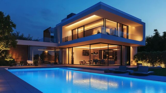 Luxury modern house at night with vibrant LED lights and illuminated poolside