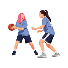 Flat Design Two Young Women Playing Basketball Match Illustration