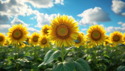 Fototapeta premium Beautiful Field Of Sunflowers Under A Blue Sky With Puffy Clouds - Stunning Yellow Blooms And Summer Beauty In Nature.