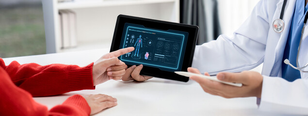 Medical science technology and futuristic healthcare virtual computer software analyze human health...