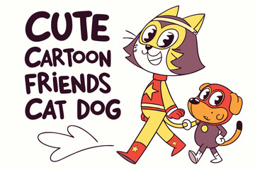 Cute cartoon cat and dog friends in bold stencil font