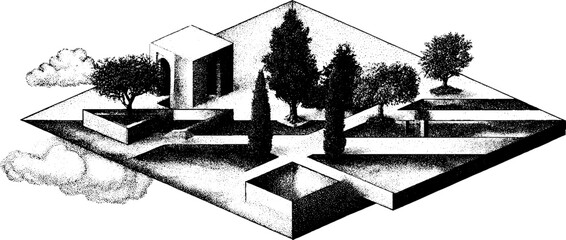 Fototapeta premium Isometric landscape with trees and architectural elements on disconnected grid