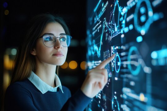 A focused woman with glasses interacts with a futuristic digital touchscreen displaying data charts and graphs in a dark, tech-driven environment.