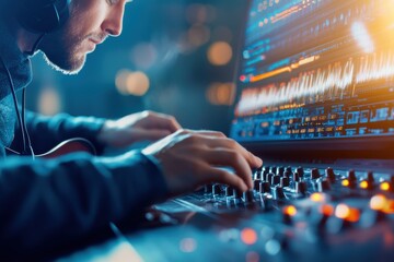 A man wearing headphones works with an audio mixing console and software, adjusting sound levels in a professional music production setup.